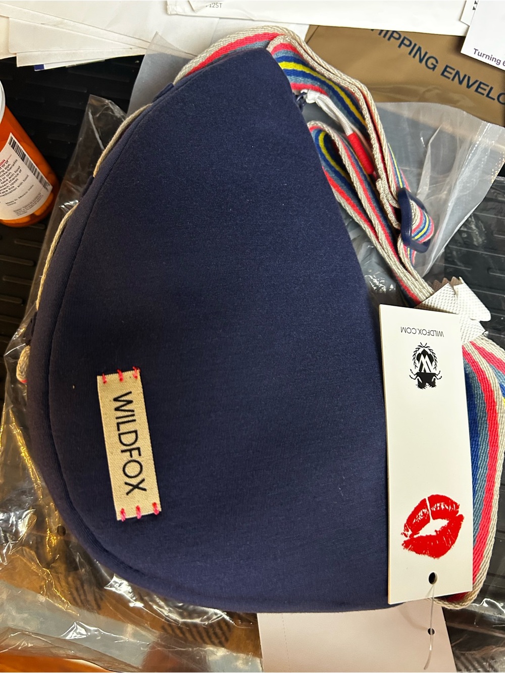 Wildfox Navy Heart Crossbody Bag with Multicolor Stripe Strap